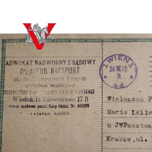 JUDAIKA, Card of a well-known Jewish Advocate to a Polish Noblewoman , 1918 , Curiosity.