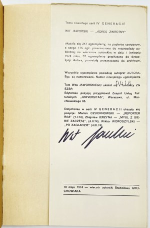 Jaworski Wit - Zpáteční adresa. Generations series IV, vol. 4 [podpis a exlibris Wita Jaworského].