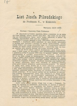 Jozef Pilsudski's letter to Professor Napoleon Cybulski in Krakow [Warsaw 1917].