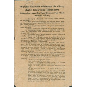 Ulotka o minimalnych warunkach służbowych dla niższej służby folwarcznej, wydana przez Ministerstwo Pracy Tymczasowego Rządu Republiki Ludowej