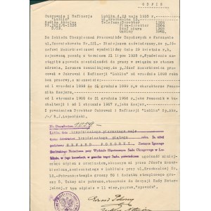 Odpis dokumentu sygnowanego przez notariusza, oryginalnie wysłanego do Zakładu Ubezpieczeń Pracowników Umysłowych przez dyrektora Cukrowni i Rafinerji „Lublin”.