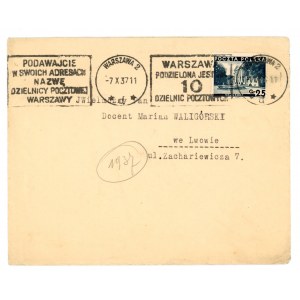 Letter with rotor WARSAW IS DIVIDED IN 10 POSTAL DIVISIONS 1937 (520)