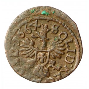 Ján II Kazimír, medený šiling (boratín), 1664, Ujazdów (1177)