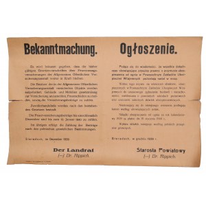 Afisz. Niemieckie ogłoszenie utrzymujące w mocy przepisy prawne o przymusie ubezpieczeń od ognia w PZU. Sieradz, grudzień 1939 (169)