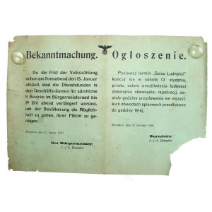 Afisz. Niemieckie ogłoszenie o przedłużeniu godzin pracy urzędów w związku ze spisem ludności. Sieradz, 10 stycznia 1940 (175)
