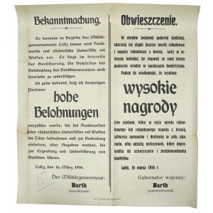 Afisz - nagrody za zwalczanie bandytyzmu, Łódź, 16 marca 1916r (212)