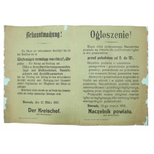 Niemieckie ogłoszenie - godziny pracy biura naczelnika powiatu, Sieradz, marzec 1915 (216)