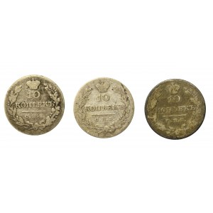 Rusko, Mikuláš I., sada 10 kopějek 1828-1830 СПБ НГ. Celkem 3 ks. (846)