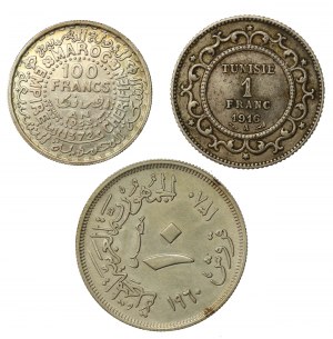 Egypt, Morocco and Tunisia, set of 10 piastres, 100 francs and 1 franc 1916-1960. total of 3 pieces. (851)