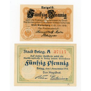 Slezsko - Brzeg/Brieg a Syców/Gross Wartenberg - dvě poukázky - městské a okresní poukázky z let 1918 a 1919 (475)