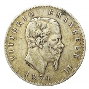 Italy, Victor Emmanuel II, 5 lira 1874, Milano (706)