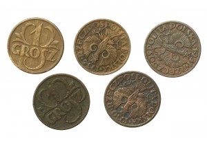 II RP, sada po 1 haléři 1930-1934. celkem 5 ks. Vzácnější ročníky (278)