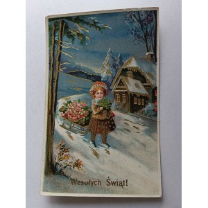 CHRISTMAS POSTCARD. CHILD, SLED, WINTER, CZĘSTOCHOWA 1925