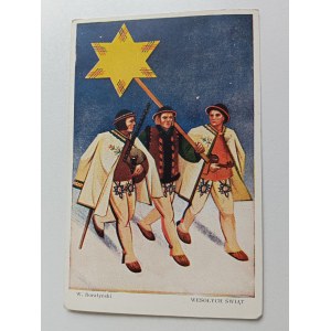 CARTE POSTALE PEINTURE POLONAISE BORATYNSKI, CHANTEURS, NOËL, TIMBRE, AVANT-GUERRE