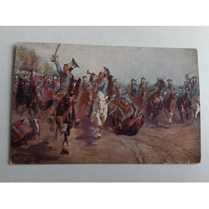 CARTOLINA POLACCA QUADRO ORZELSKI, CARICA DEI LANCIERI SOTTO ROTM WĄSOWICZ, POD ROKITNĄ, FRANCOBOLLO, ANTEGUERRA