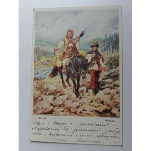 POSTCARD POLISH PAINTING KOSSAK, HUCULI, HUCUL, WYD WISLA, STAMP, STAMP, PRE-WAR