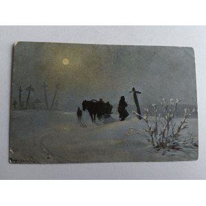 POSTKARTE POLNISCH MALEREI RYSZKIEWICZ ZAWIANA DROGA, ZIMA, KONIE, PRZEDWOJENNA