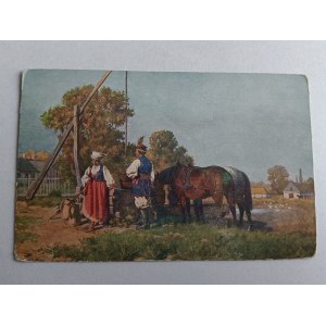 POSTCARD PAINTING POLISH SHERNER COURTSHIP, PRE-WAR