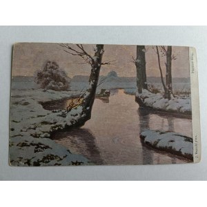 POSTCARD PAINTING POLISH RAPACKI FIRST SNOW, PRE-WAR