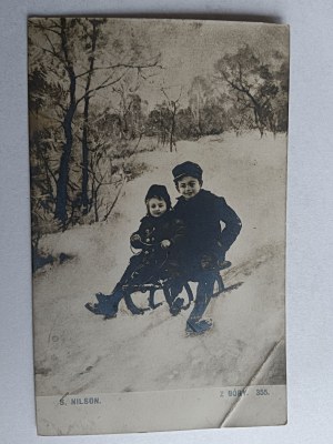 POSTCARD CHILDREN, SLED, WINTER, FROM ABOVE, NILSON, PRE-WAR, BENT LOWER RIGHT CORNER