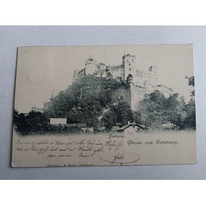 POCZTÓWKA SALZBURG, AUSTRIA, ZAMEK, PRZEDWOJENNA, ZNACZEK, DŁUGI ADRES