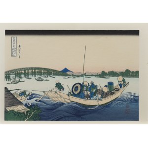 Katsushika Hokusai (1760-1849), wyd. Yuyudo, Zachód słońca nad mostem Ryōgoku, z cyklu: 36 widoków na Górę Fuji, okres Showa (między 1960 a 1972 r.)