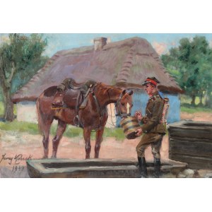 Jerzy KOSSAK (1886-1955), Ułan pojący konia (1941)
