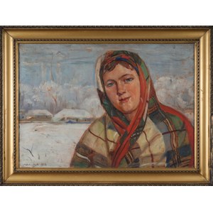 Wincenty WODZINOWSKI (1866-1940), Krakowianka na tle zimowego pejzażu (1934)