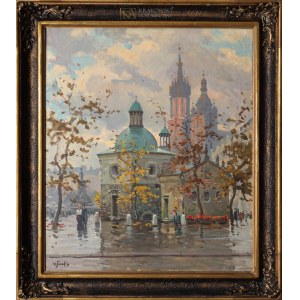 Władysław SERAFIN (1905-1988), Rynek w Krakowie - widok na kościół św. Wojciecha i kościół Mariacki