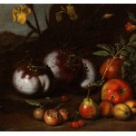 Artista fiorentino, XVII secolo, a) Still life of pumpkins, pomegranates, apples and pears; b) Still life of vegetables, fruit and lilies. Pair of paintings