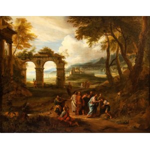 Artista francese attivo a Roma, XVII secolo, Landscape with ruined arches, figures and the Healing of the Blind Man of Jericho