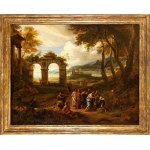 Artista francese attivo a Roma, XVII secolo, Landscape with ruined arches, figures and the Healing of the Blind Man of Jericho
