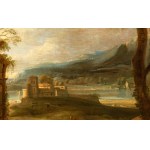 Artista francese attivo a Roma, XVII secolo, Landscape with ruined arches, figures and the Healing of the Blind Man of Jericho