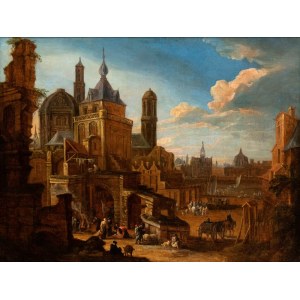 Pieter Jans Bout (seguace di), Fantasy view of a Nordic city