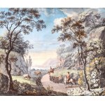 Giuseppe Bernardino Bison (attribuito a), a) Landscape with two knights, herds and buildings; b) River landscape with figures and a horse. Pair of gouaches