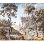 Giuseppe Bernardino Bison (attribuito a), a) Landscape with two knights, herds and buildings; b) River landscape with figures and a horse. Pair of gouaches