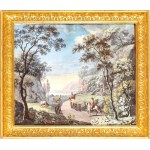 Giuseppe Bernardino Bison (attribuito a), a) Landscape with two knights, herds and buildings; b) River landscape with figures and a horse. Pair of gouaches