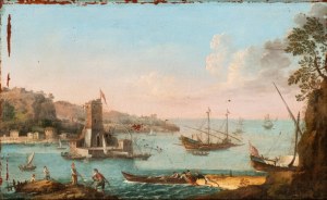 Artista francese attivo in Italia, XVIII secolo, View of harbour with watchtower, boats and fishermen