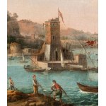 Artista francese attivo in Italia, XVIII secolo, View of harbour with watchtower, boats and fishermen