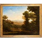 Claude Lorrain (ambito di), Imaginary landscape with figures and a village in the background