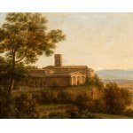 Claude Lorrain (ambito di), Imaginary landscape with figures and a village in the background
