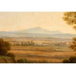 Claude Lorrain (ambito di), Imaginary landscape with figures and a village in the background
