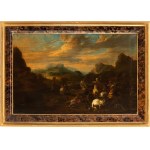 Il Borgognone (cerchia di), a) Battle of knights in an open field; b) Battle of knights with fortress in the background. Pair of paintings