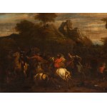Il Borgognone (cerchia di), a) Battle of knights in an open field; b) Battle of knights with fortress in the background. Pair of paintings