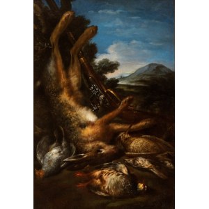 Artista lombardo, fine XVII - inizio XVIII secolo, Still life of game with hare, birds and rifle
