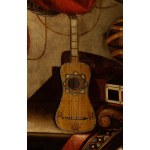 Bartolomeo Bettera (attribuito a), a) Still life with musical instruments, globe and sheet music; b) Still life with musical instruments, palette, astrolabe and sheet music. Pair of paintings