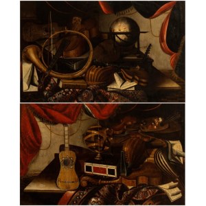 Bartolomeo Bettera (attribuito a), a) Still life with musical instruments, globe and sheet music; b) Still life with musical instruments, palette, astrolabe and sheet music. Pair of paintings