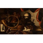 Bartolomeo Bettera (attribuito a), a) Still life with musical instruments, globe and sheet music; b) Still life with musical instruments, palette, astrolabe and sheet music. Pair of paintings