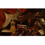 Bartolomeo Bettera (attribuito a), a) Still life with musical instruments, globe and sheet music; b) Still life with musical instruments, palette, astrolabe and sheet music. Pair of paintings