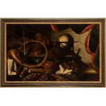 Bartolomeo Bettera (attribuito a), a) Still life with musical instruments, globe and sheet music; b) Still life with musical instruments, palette, astrolabe and sheet music. Pair of paintings